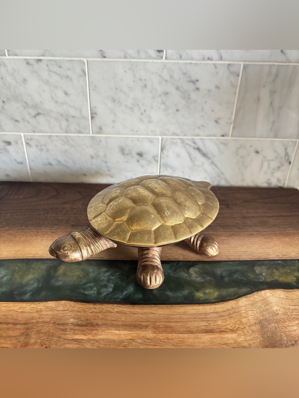 Vintage Brass Turtle Ashtray / Trinket Box with Shell Lid on Hinge